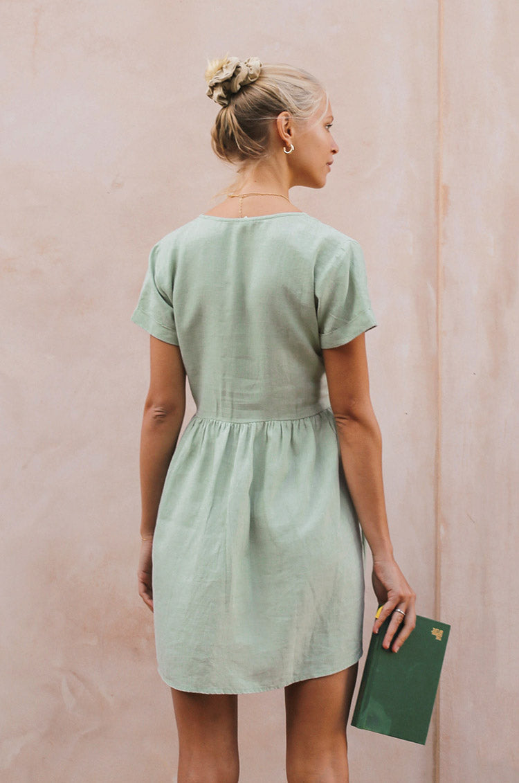 Linen Babydoll Dress in Pastel Green ...